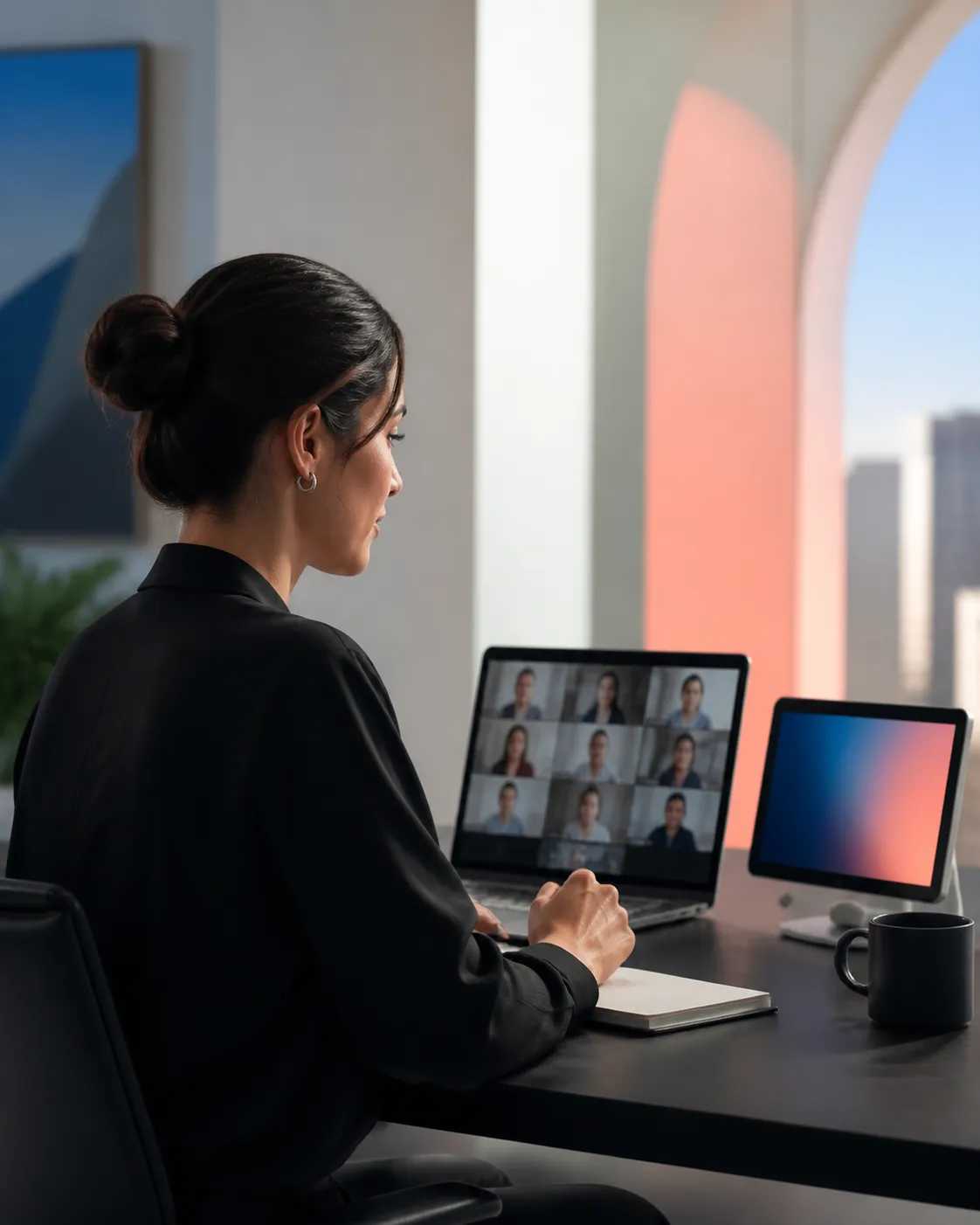 A professional in a video meeting with a separate companion display