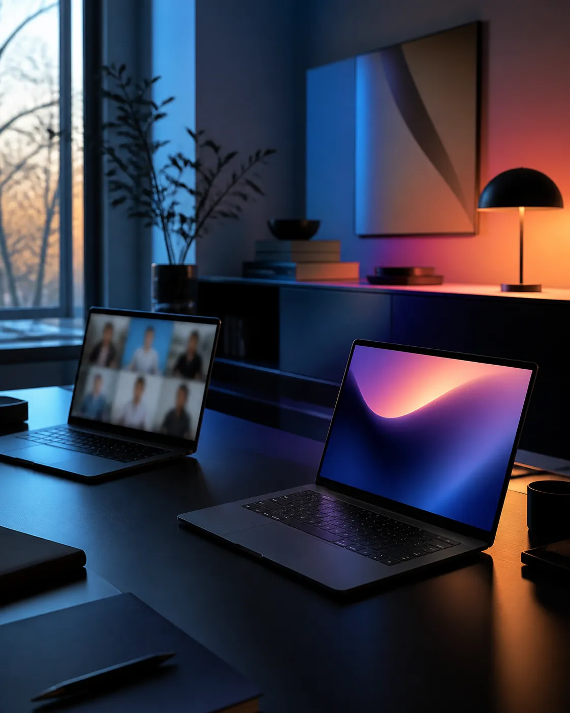 Two computers keeping a video meeting separate from a private assistant
